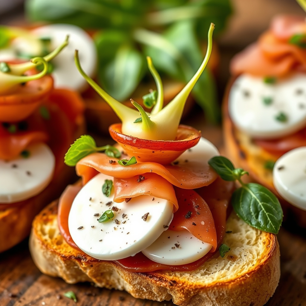 Krøllete endiv, prosciutto og mozzarella på bruschetta