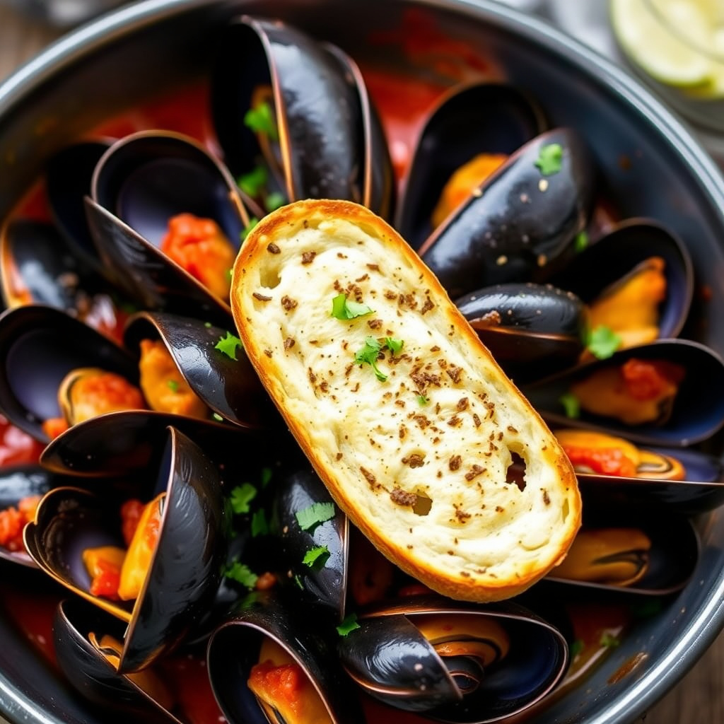 Krydrede dampede blåskjell med hvitløksbrød