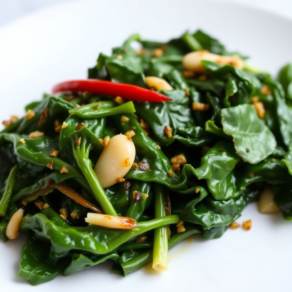 Krydrede grønne grønnsaker med hvitløk og løk