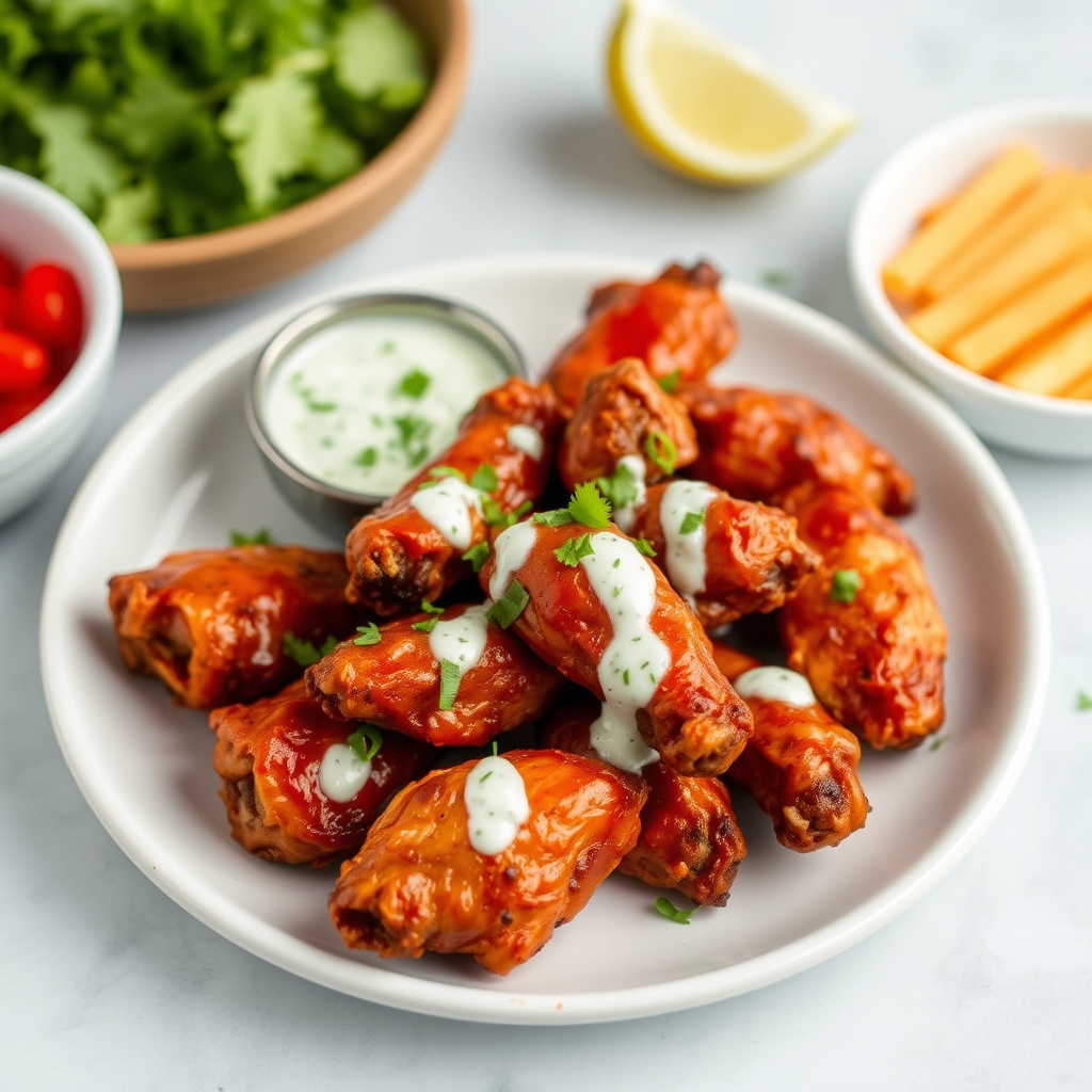 Krydrede kyllingvinger med gorgonzola- og korianderdressing