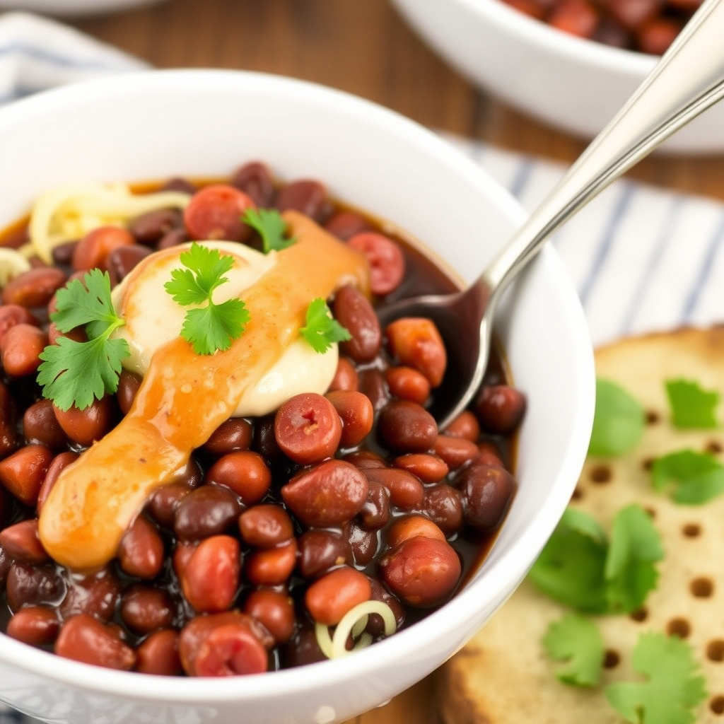 Krydrede svarte bønner med chorizo og chipotle-krem