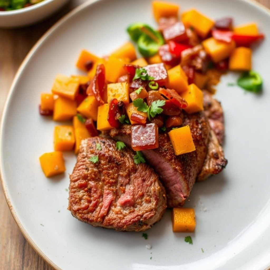 Krydret flankstek med smørdampet gresskar og bacon-salat med paprika