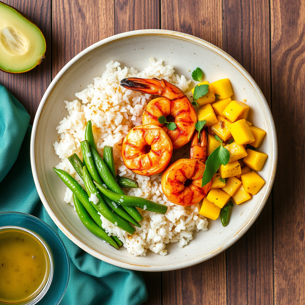 Krydret grillede reker med ris og mangosalat, servert med sesam- sukkererter