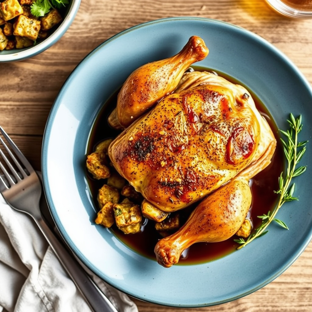Krydret kylling med Cornish-høns, fylt med haroseth og servert med sherryjus