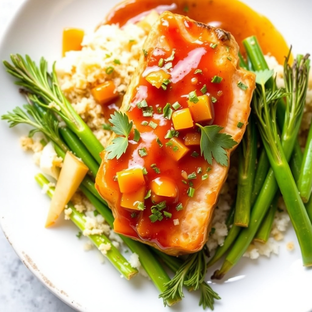 Krydret mango- og melasseglasert tunfisk pyntet med sitrusbraisert vill fennikel