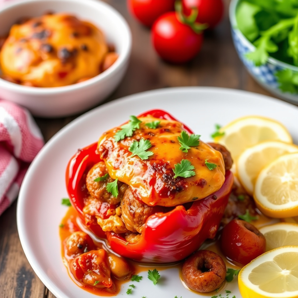 Krydret middelhavskylling med pølsefylt cherrytomater