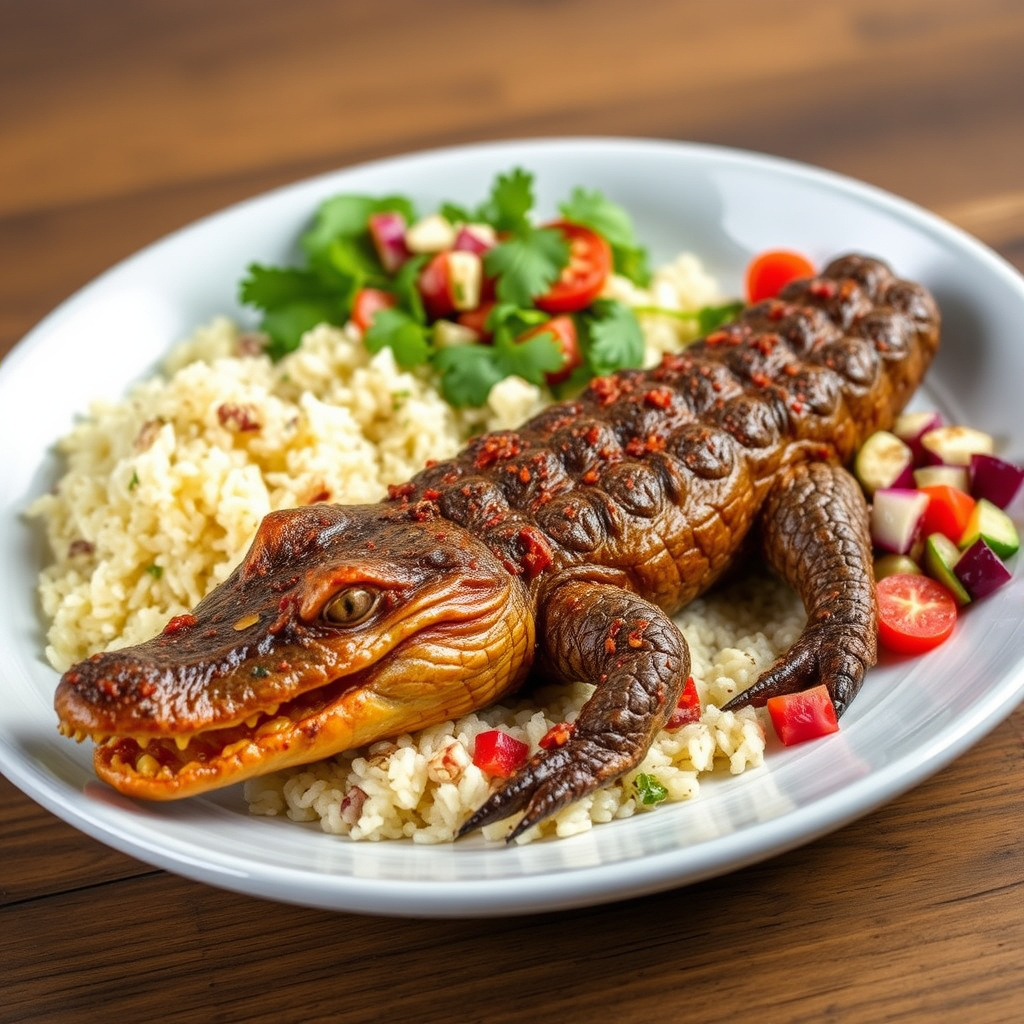 Krydret midtøsten-alligator med rispilaf og tabbouleh-salat