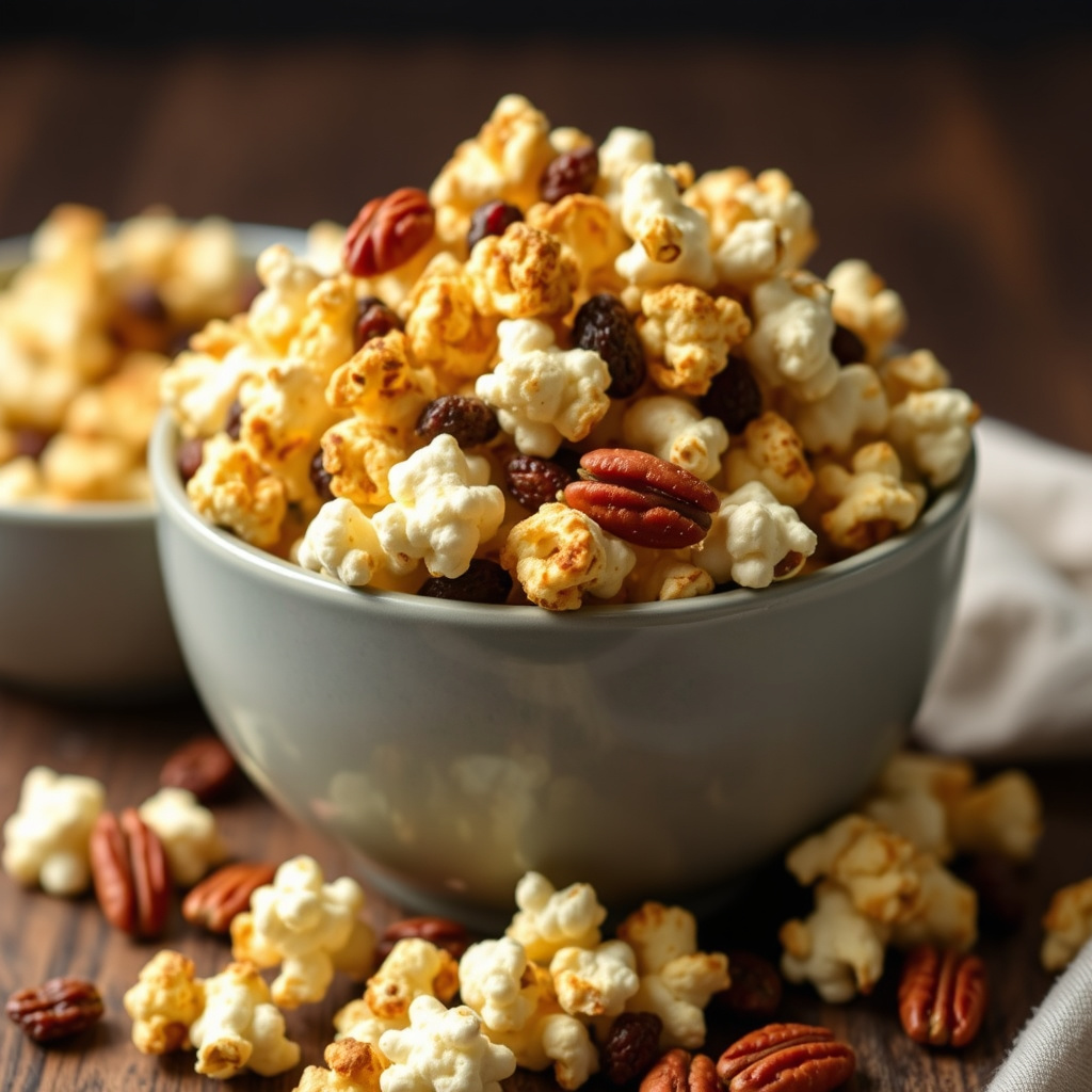 Krydret popcorn med pekannøtter og rosiner