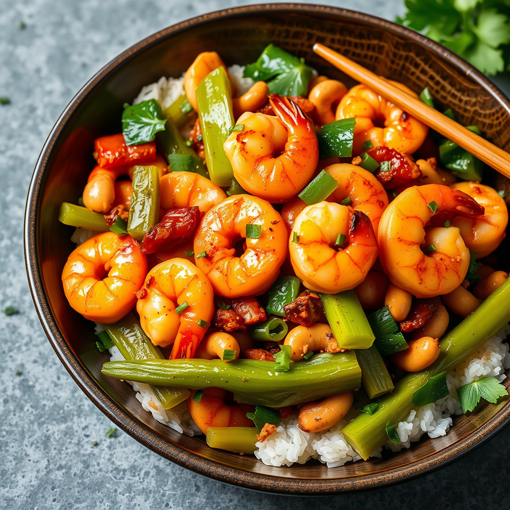 Krydret reke-, selleri- og cashewwok