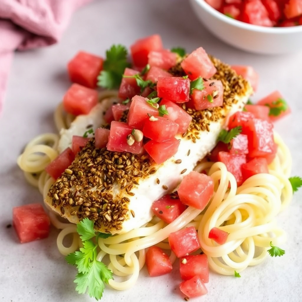 Krydret sjøbass med cashewnøtter og sennepsfrø, servert med vannmelonsalsa