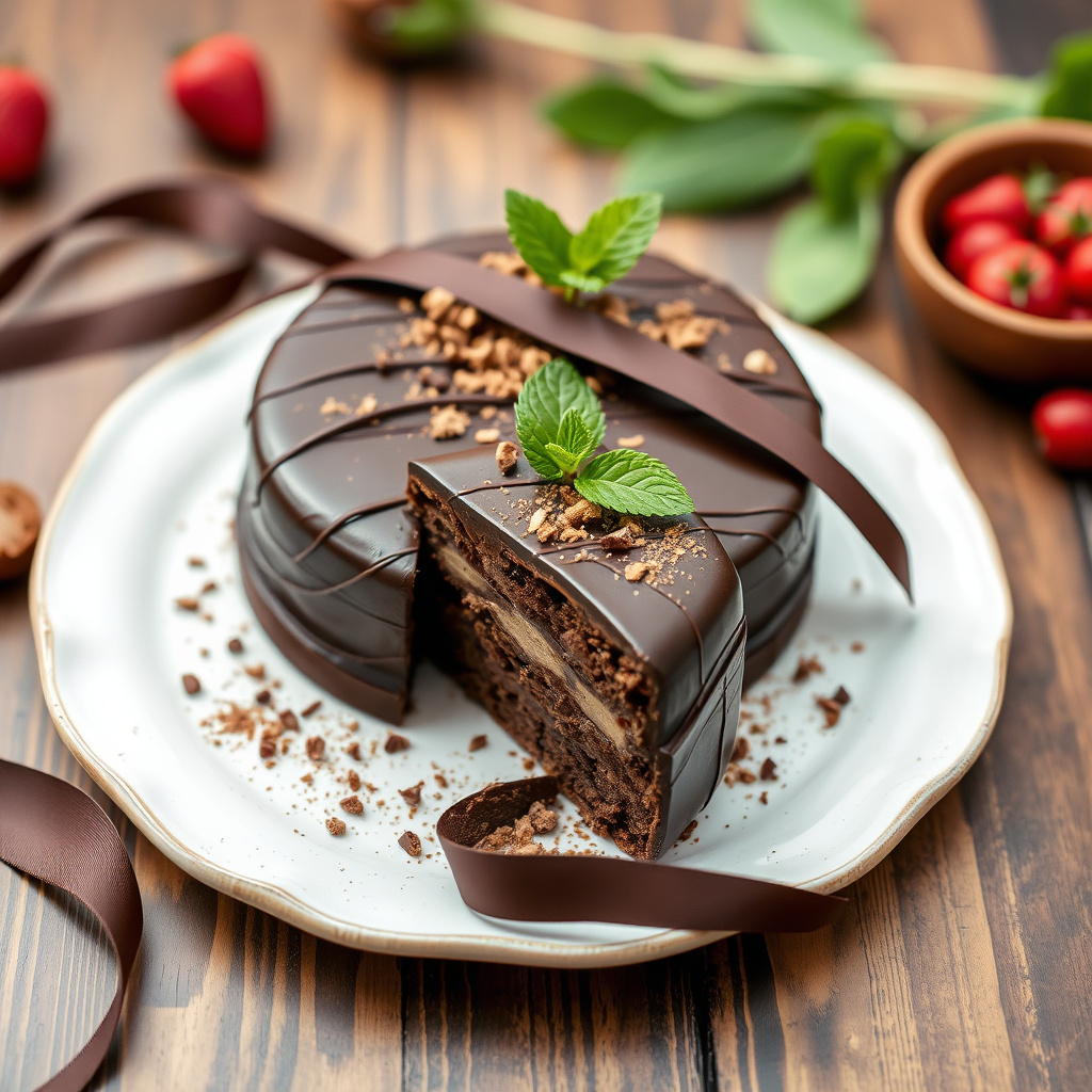 Krydret sjokoladekake innpakket i sjokoladebånd