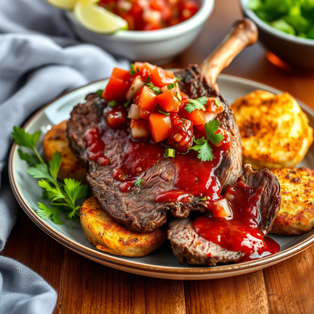 Krydret sørvestlig prime rib med sprø potetkaker og San Joaquin-salsa