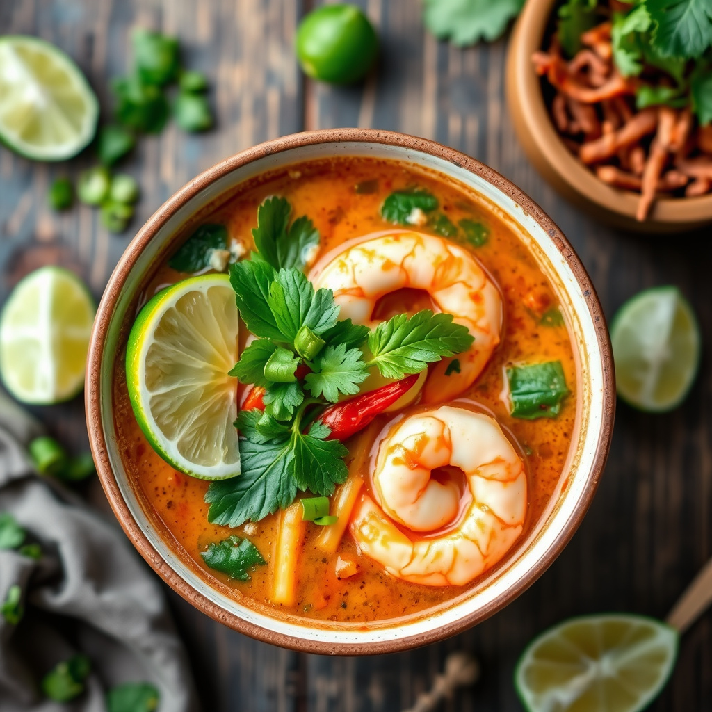 Krydret thailandsk suppe med lime og reker
