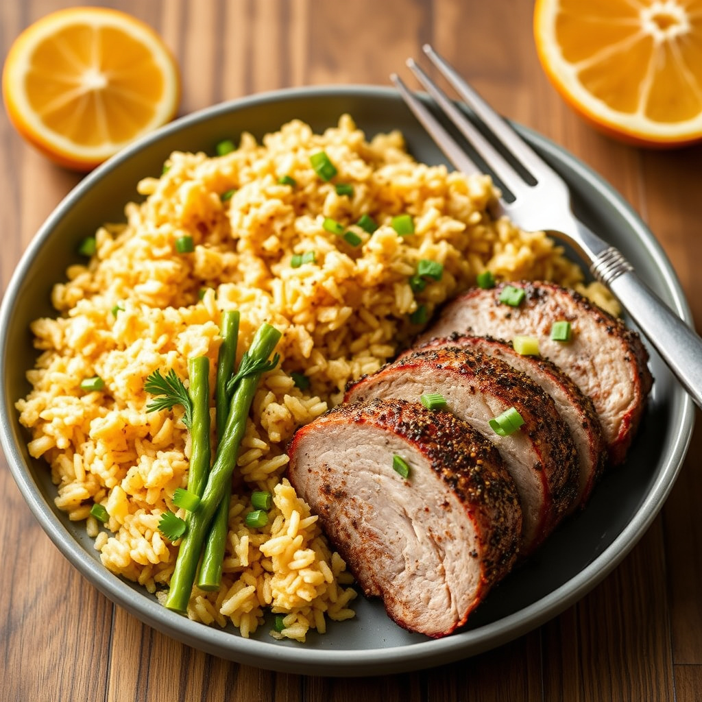 Kumminmarinert grillet svinenakke med appelsin- og kanelrisotto