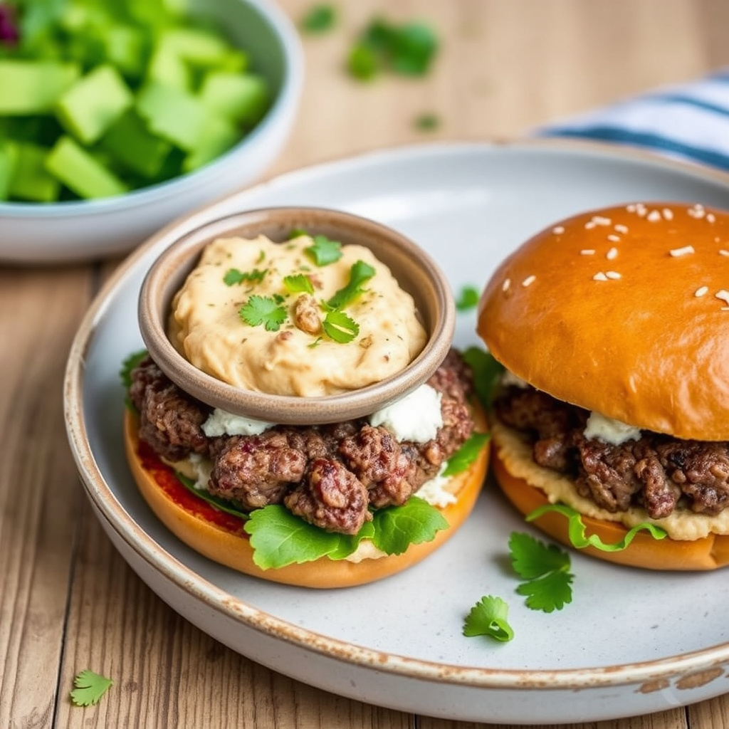 Kvernet lammeburgere med fetaost og hummus