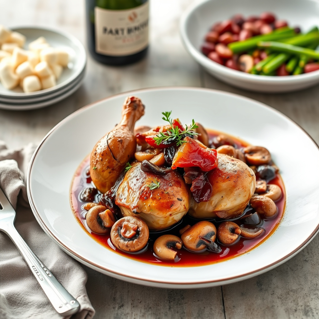 Kylling i rødvin med løk, sopp og bacon: Coq au Vin