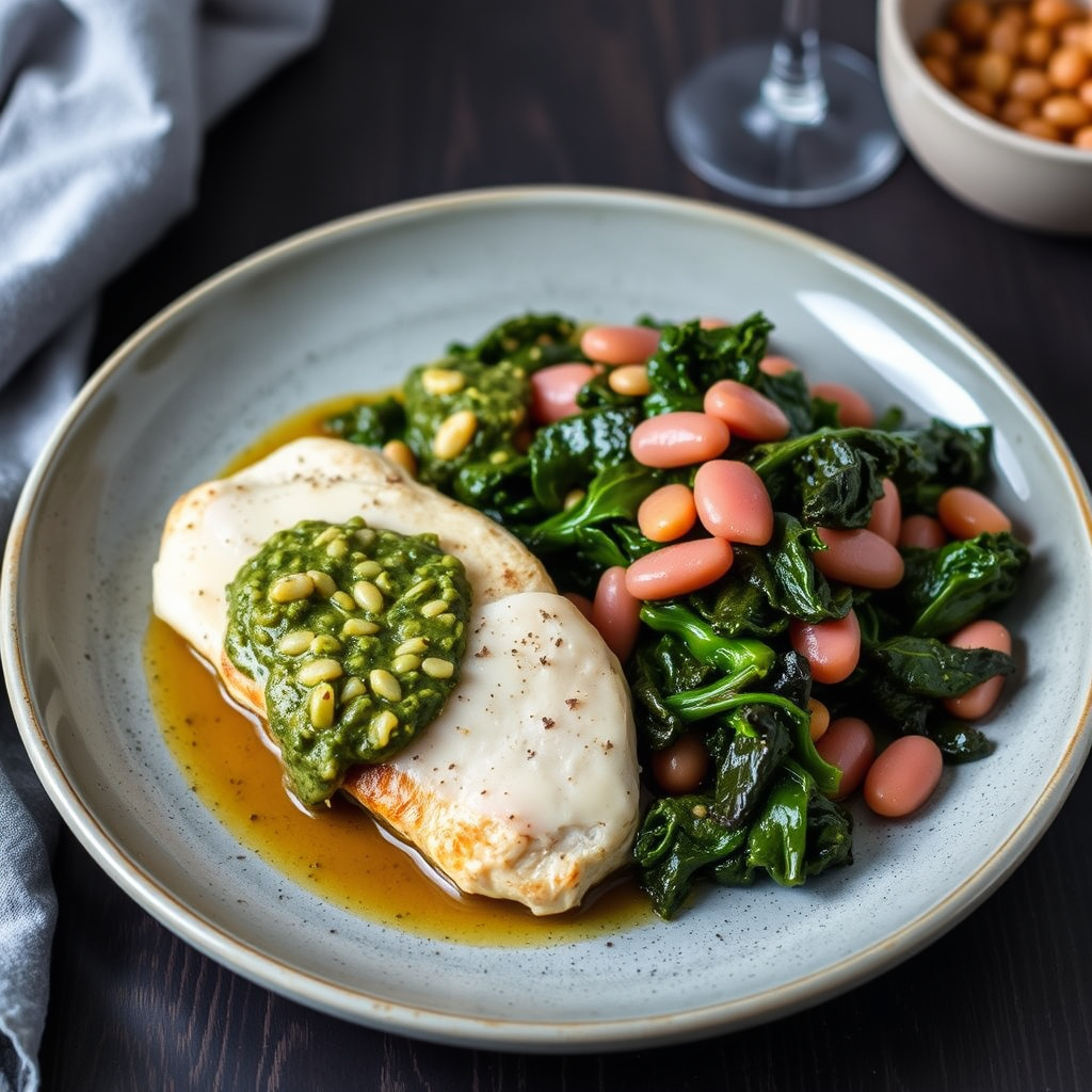 Kylling med artisjokkpesto og langtidskokt grønnkål med rosa bønner og skinke