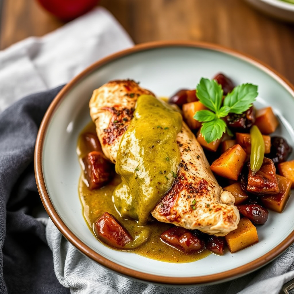 Kylling med tomatillosaus og braiserte frukter
