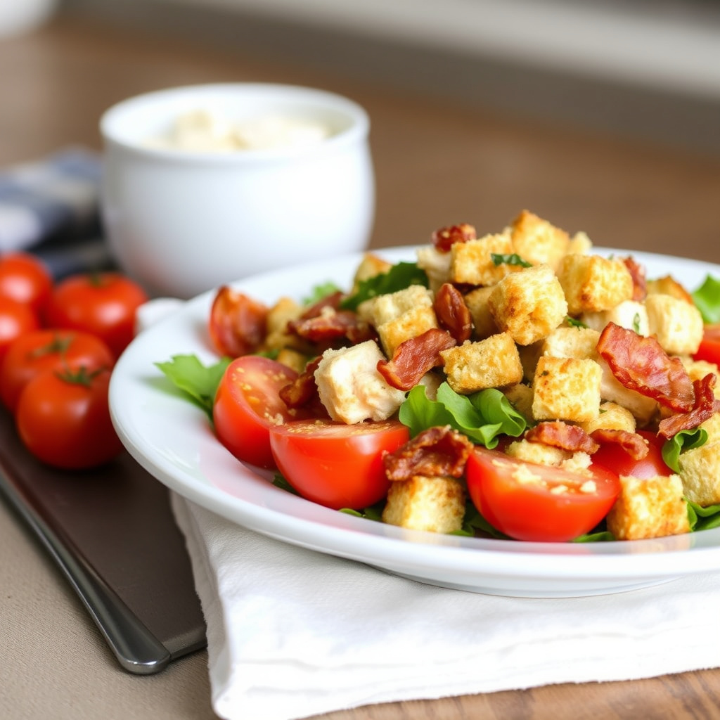 Kylling- og baconclub-salat (Kylling-, bacon- og tomatsalat med krutonger)