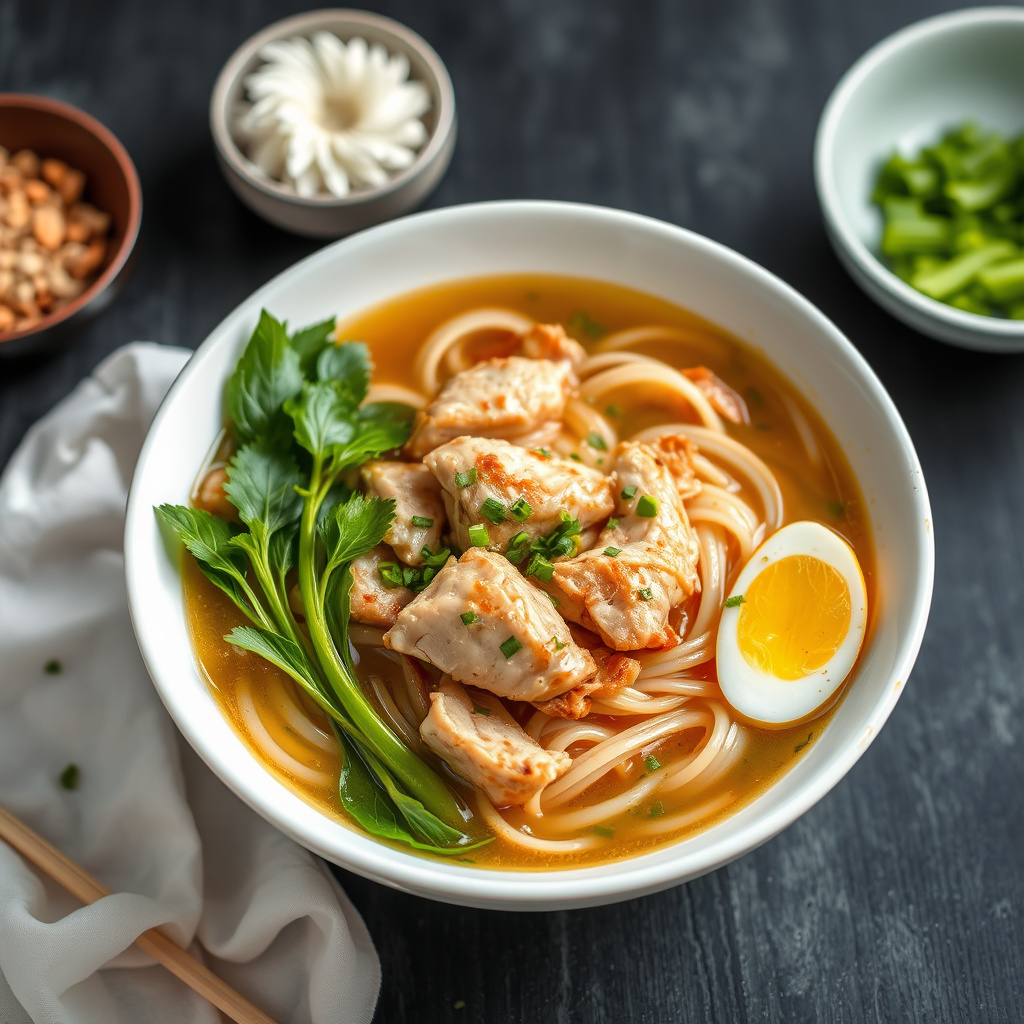 Kylling- og nudelsuppe med krysantemum