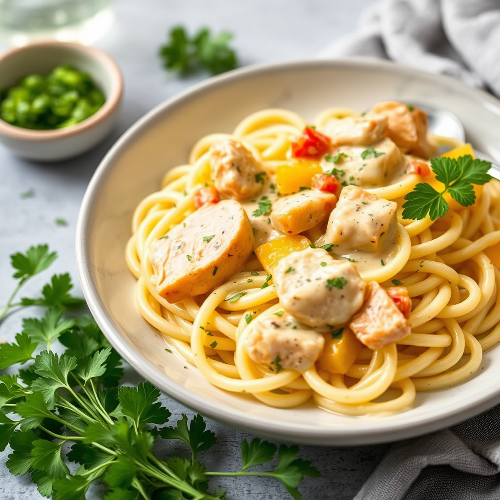 Kylling og pasta i en mangokremsaus