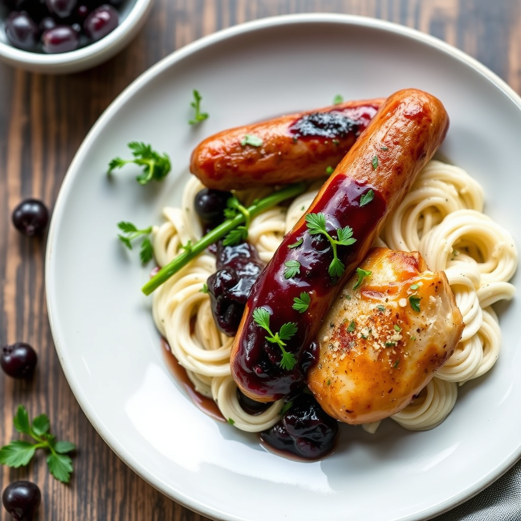 Kylling og pølse med bjørnebærreduksjon