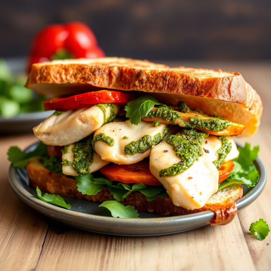 Kylling-, paprika- og pestosandwich