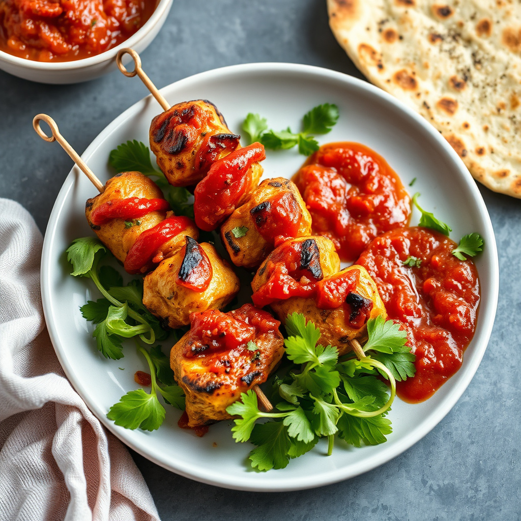 Kylling Tikka-spyd med brent tomatsalsa og varm flatbrød