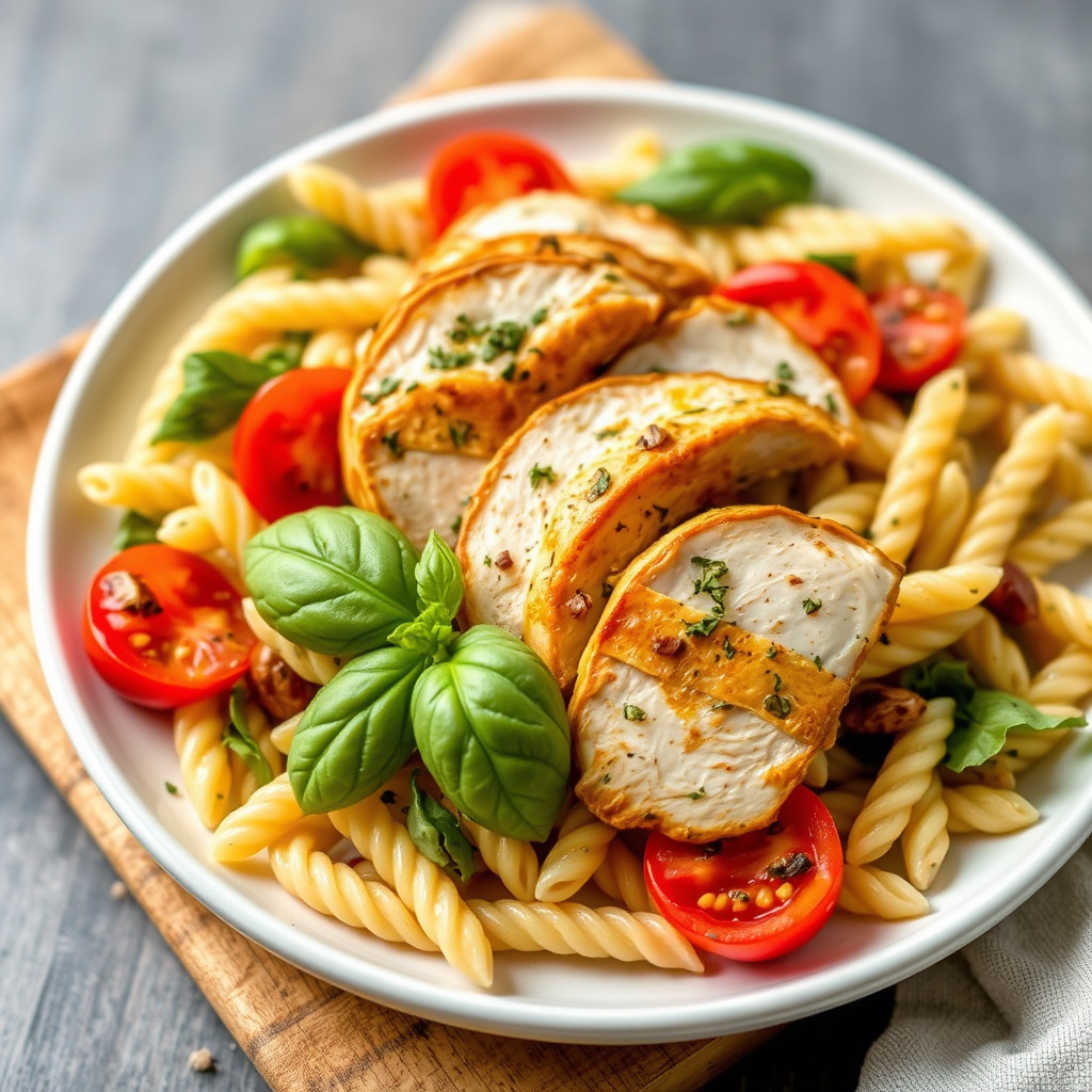 Kylling-, tomat- og pastasalat med basilikumvinaigrette
