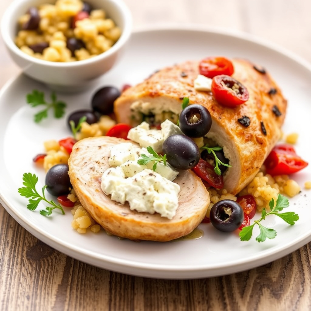 Kyllingbryst fylt med couscous, fetaost, soltørkede tomater og Kalamata-oliven