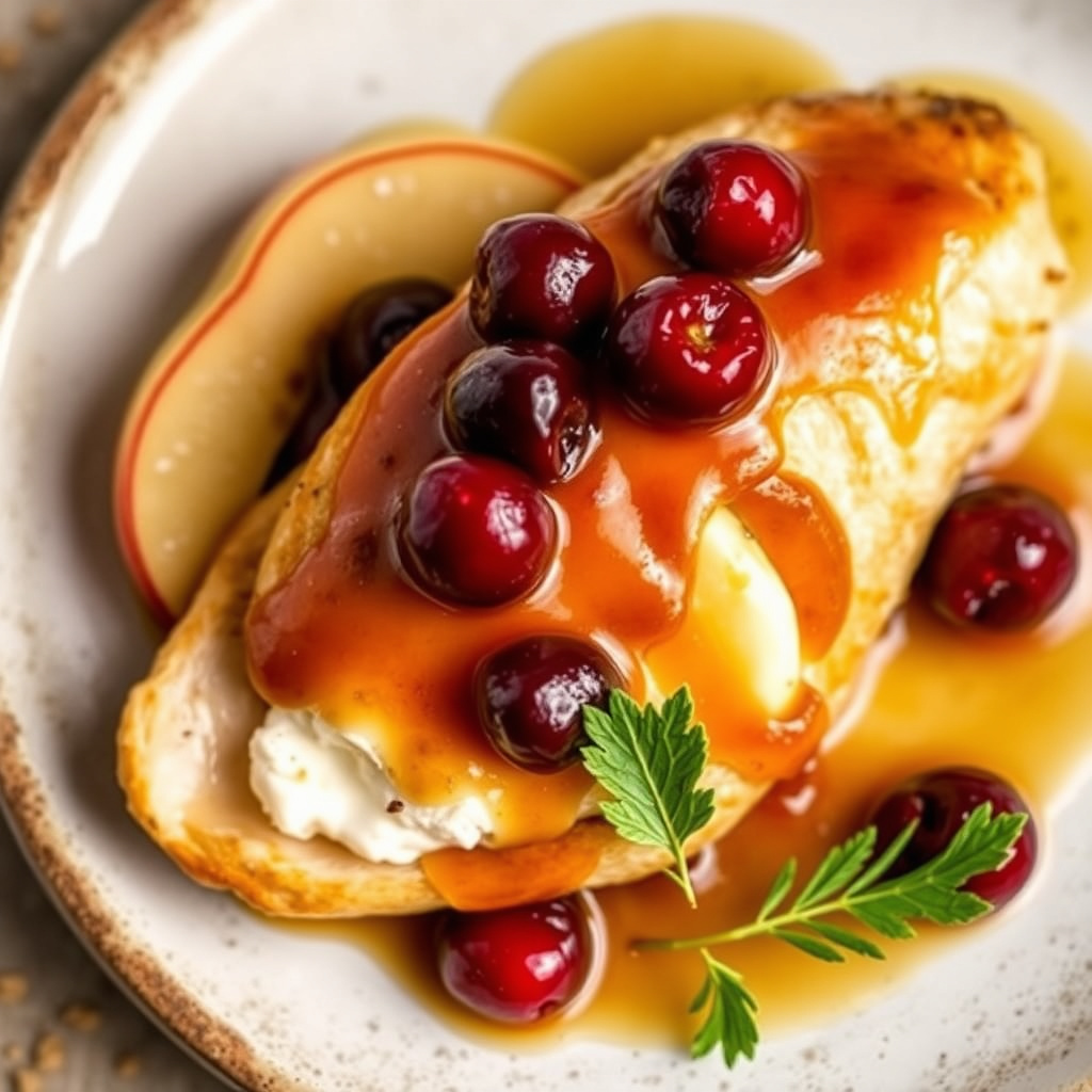 Kyllingbryst fylt med karamelliserte epler, fontina og kirsebær