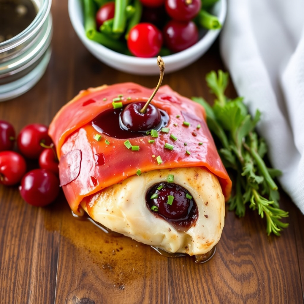 Kyllingbryst fylt med kirsebær og innpakket i prosciutto