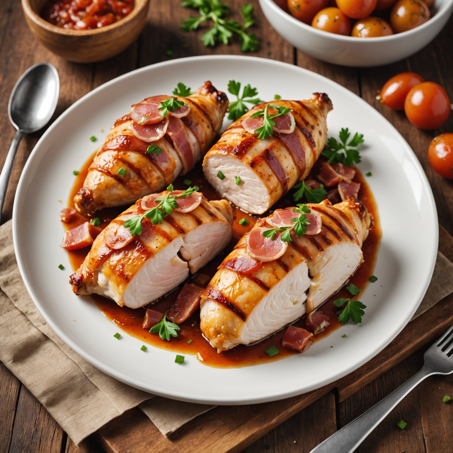 Kyllingbryst fylt og innpakket i pancetta