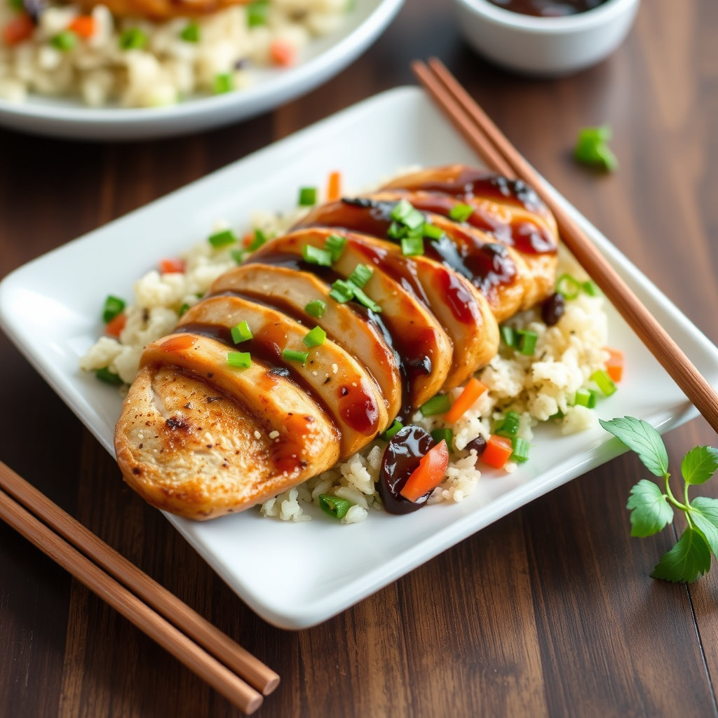 Kyllingbryst med miso-glaze og grønnsaks-sushiris