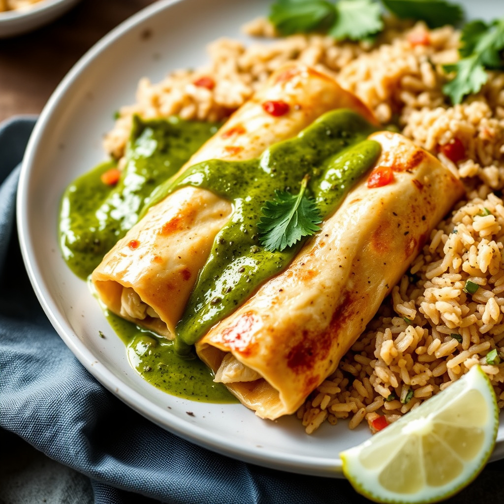Kyllingenchiladas med grønn saus og ris