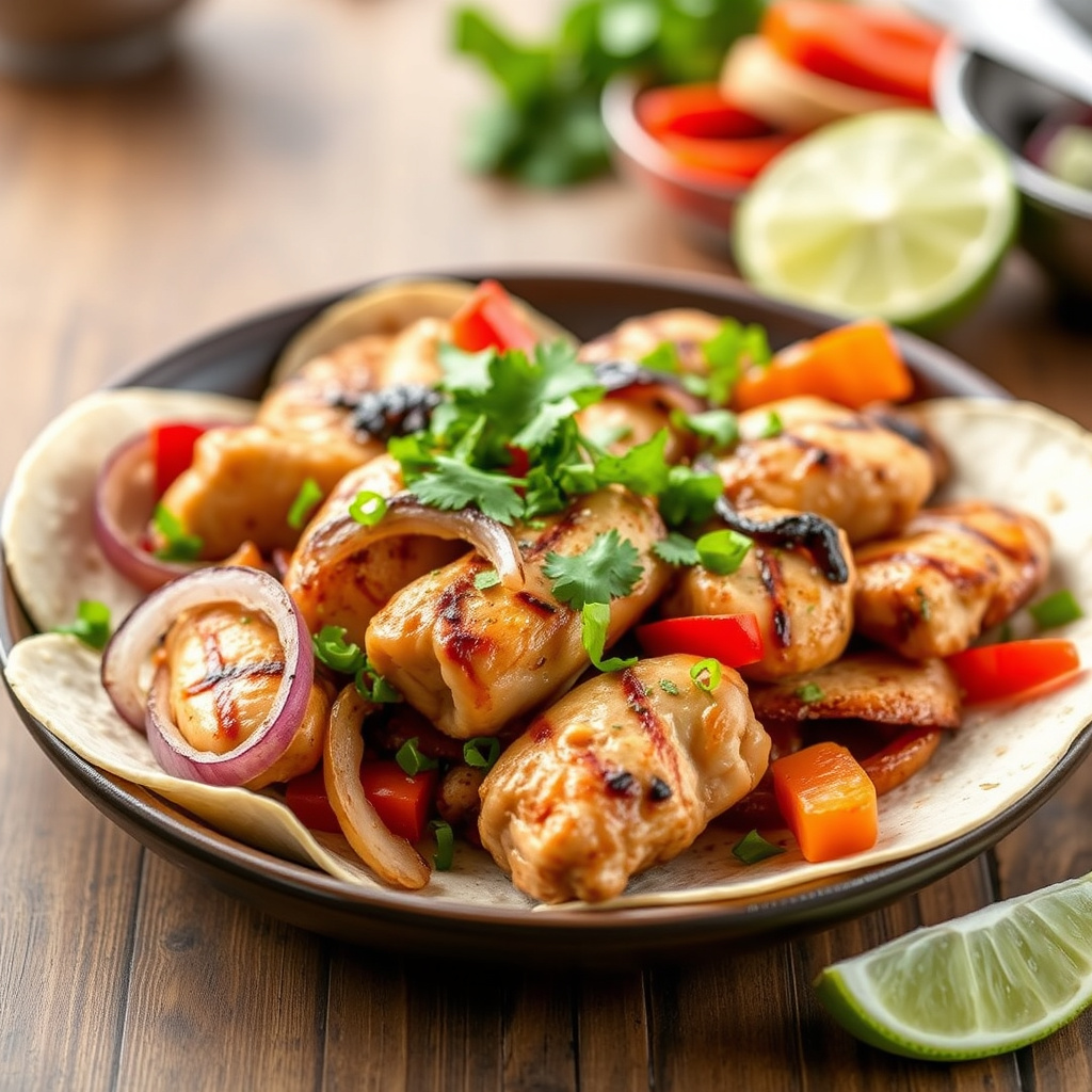 Kyllingfajitas med koriander og lime, servert med grillede løk