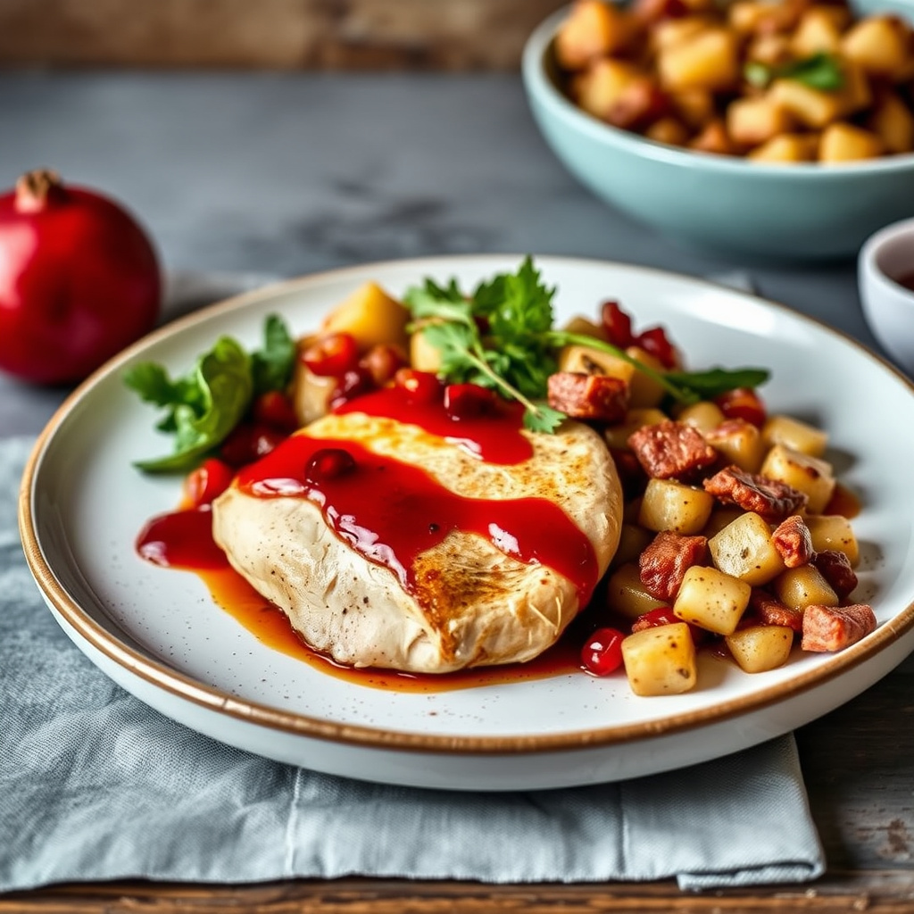 Kyllingfilet med granateplesaus, bacon og potet-hash