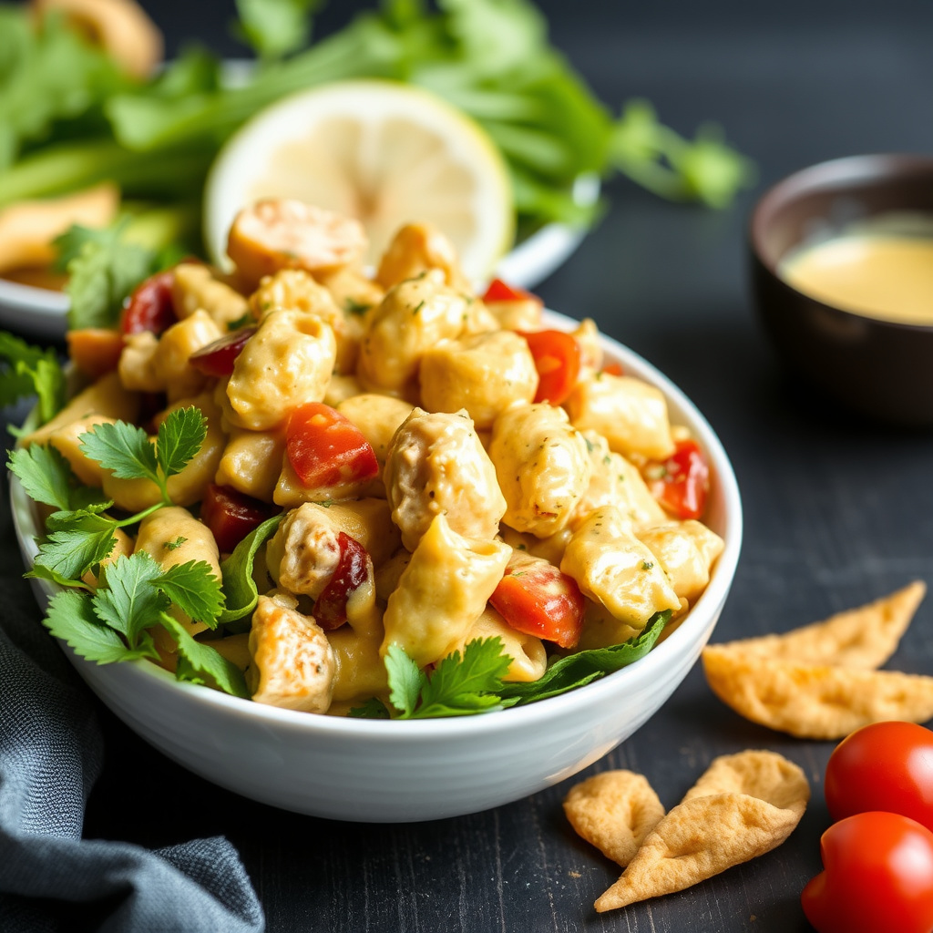 Kyllingpasta-salat med kremet currydressing