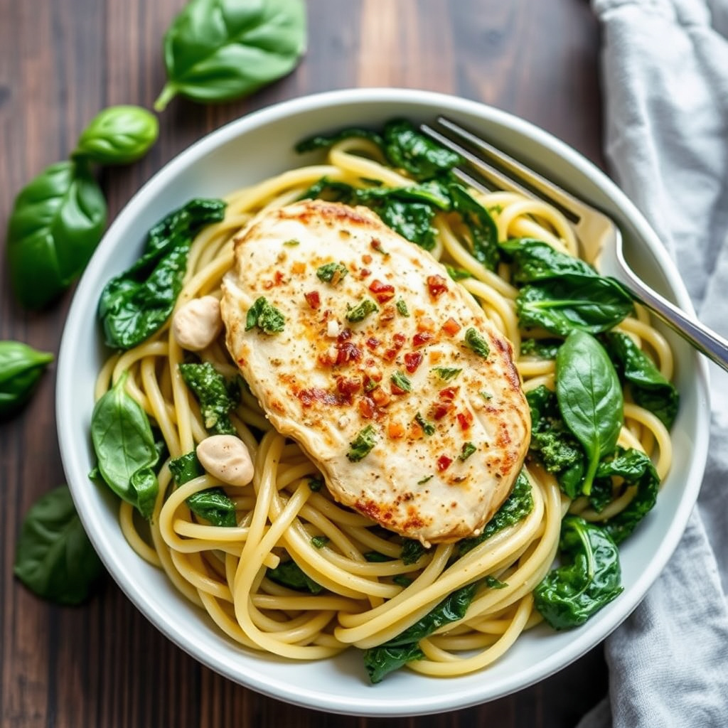 Kyllingpesto med fettuccine og spinat