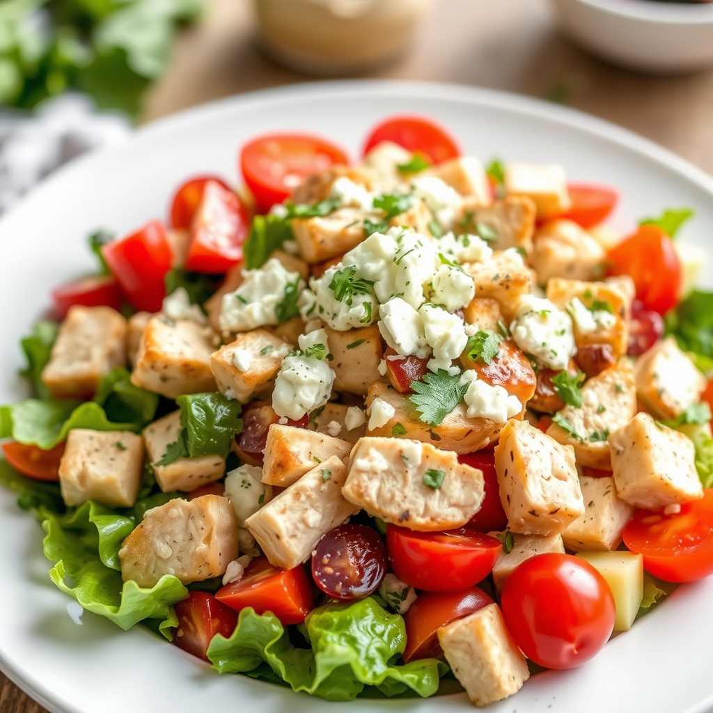 Kyllingsalat med middelhavsinspirert grønnsaker og feta-vingårdssaus