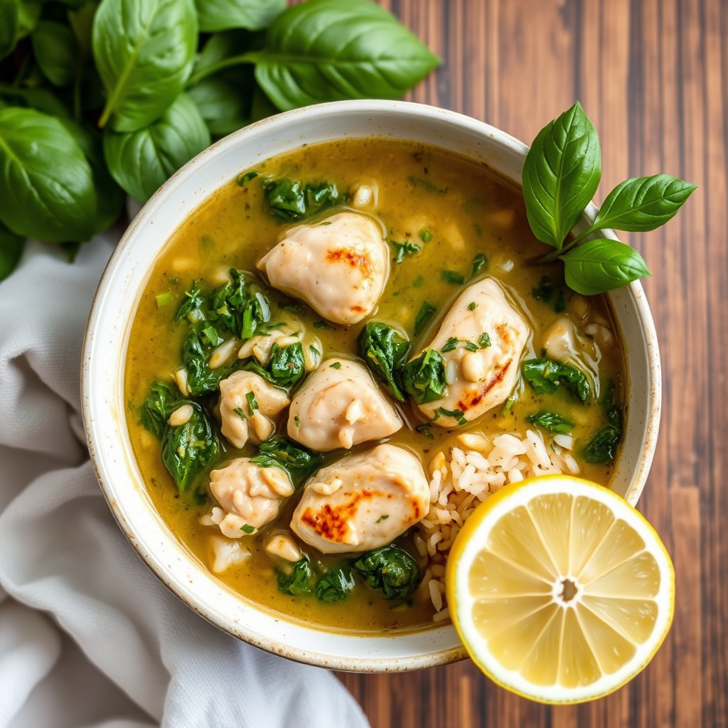 Kyllingsuppe med spinat, ris og sitron