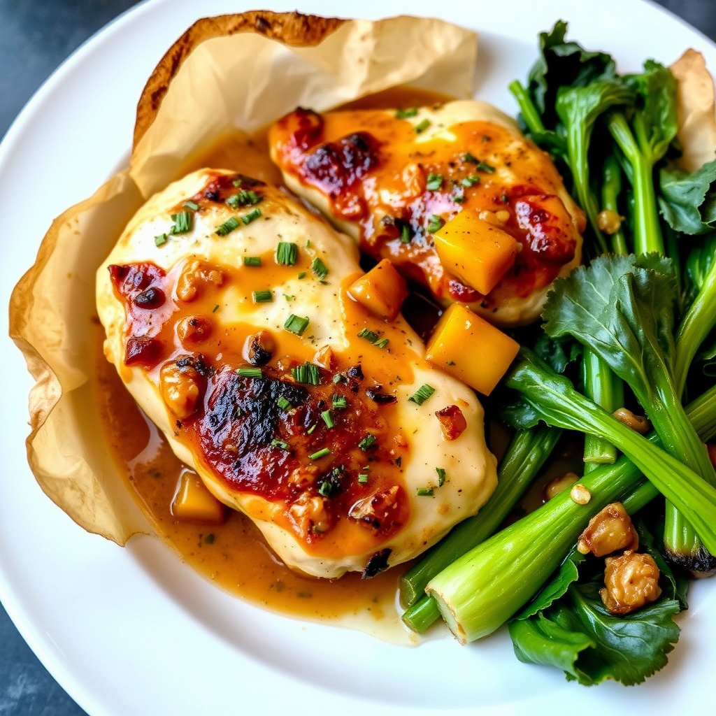 Kylling i pergament med ovnsbakt squashsaus og bok choy