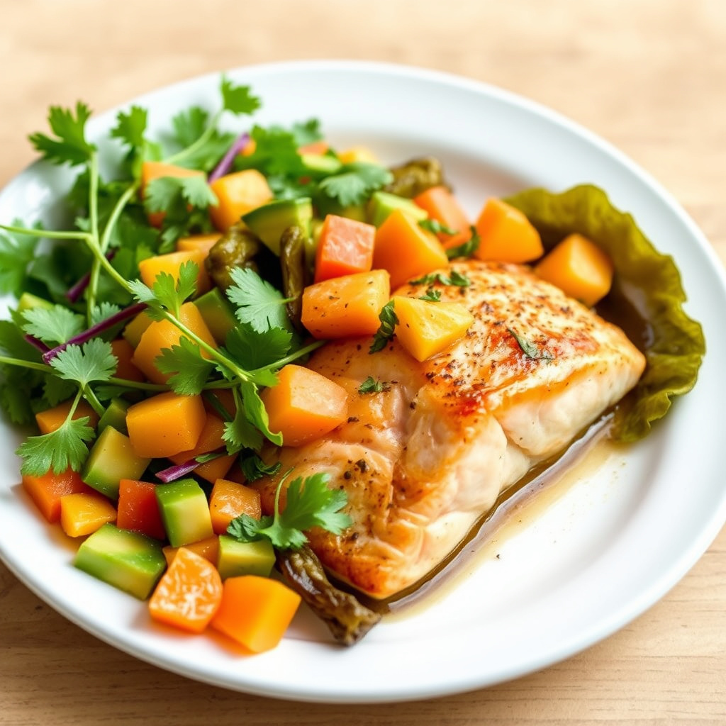 Laks en Papillote med papaya-, mango- og avokadosalat