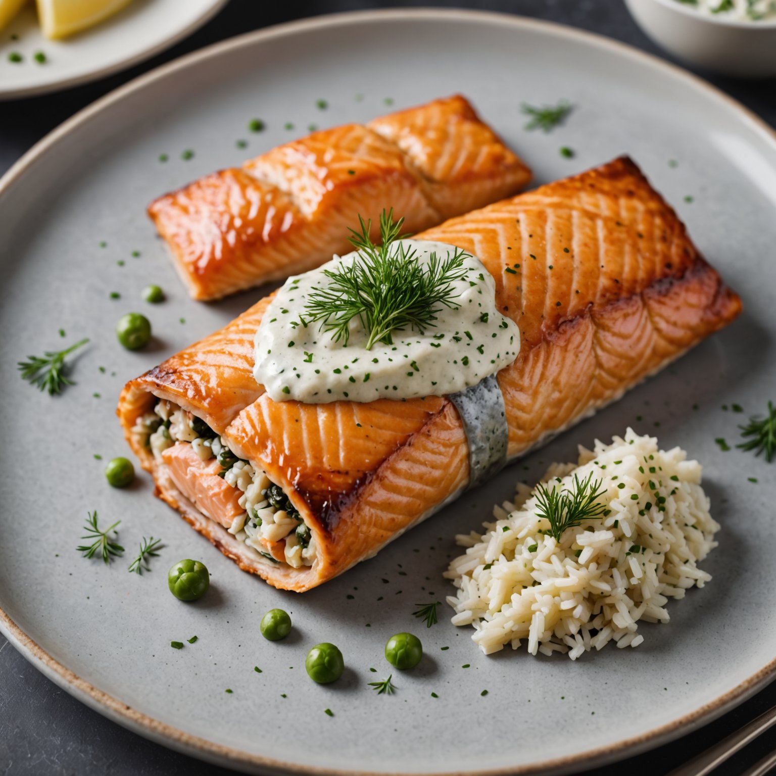 Laks og ris innpakket i butterdeig med dillsaus