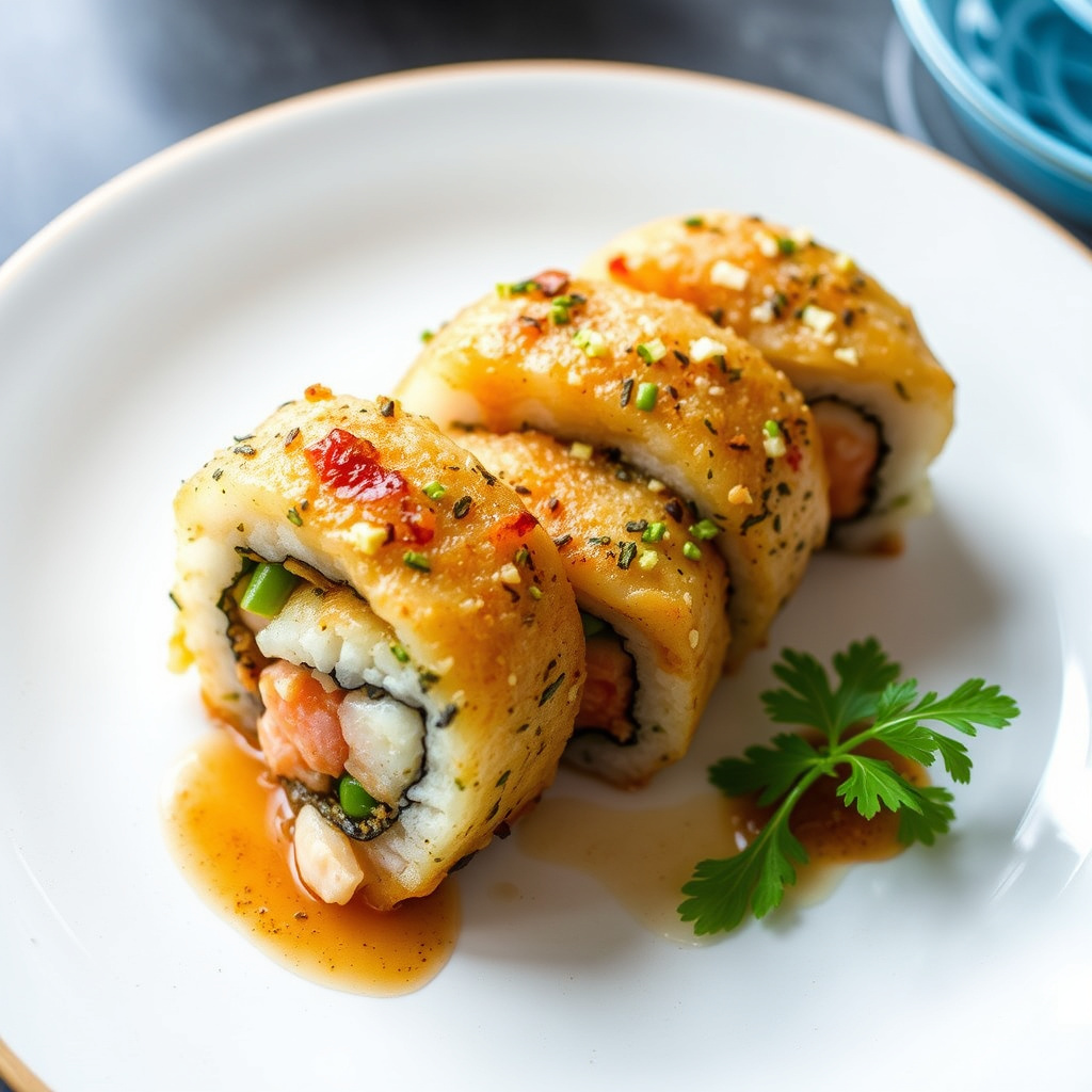 Laks og urted løk-tempurarull med wasabi-soy-honning-dippsaus