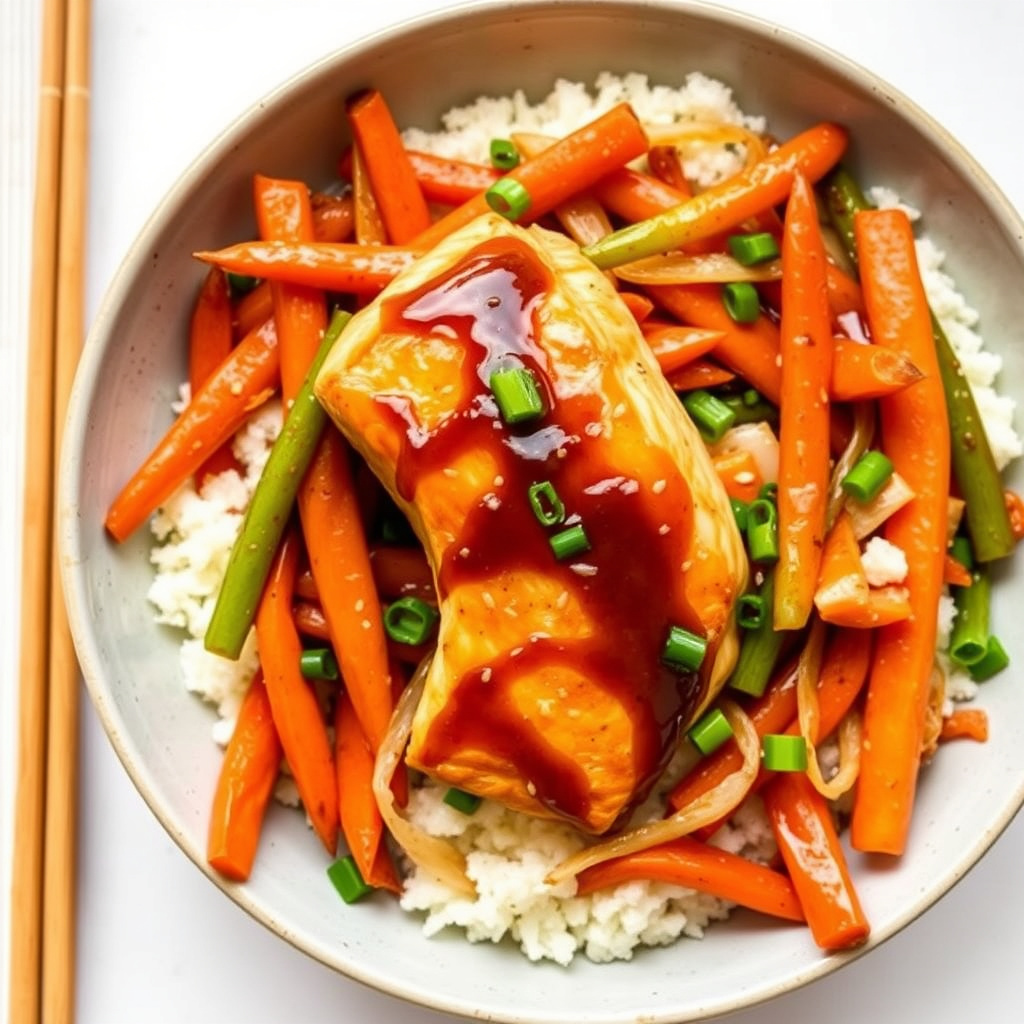 Laks teriyaki med gulrøtter og løk