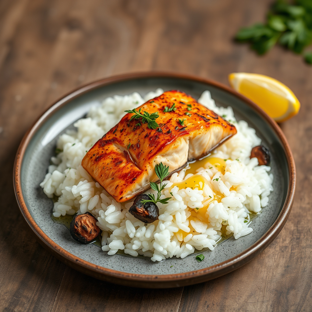 Laks tilberedt over glødende trekull, servert med kokosmelkris og olivenolje