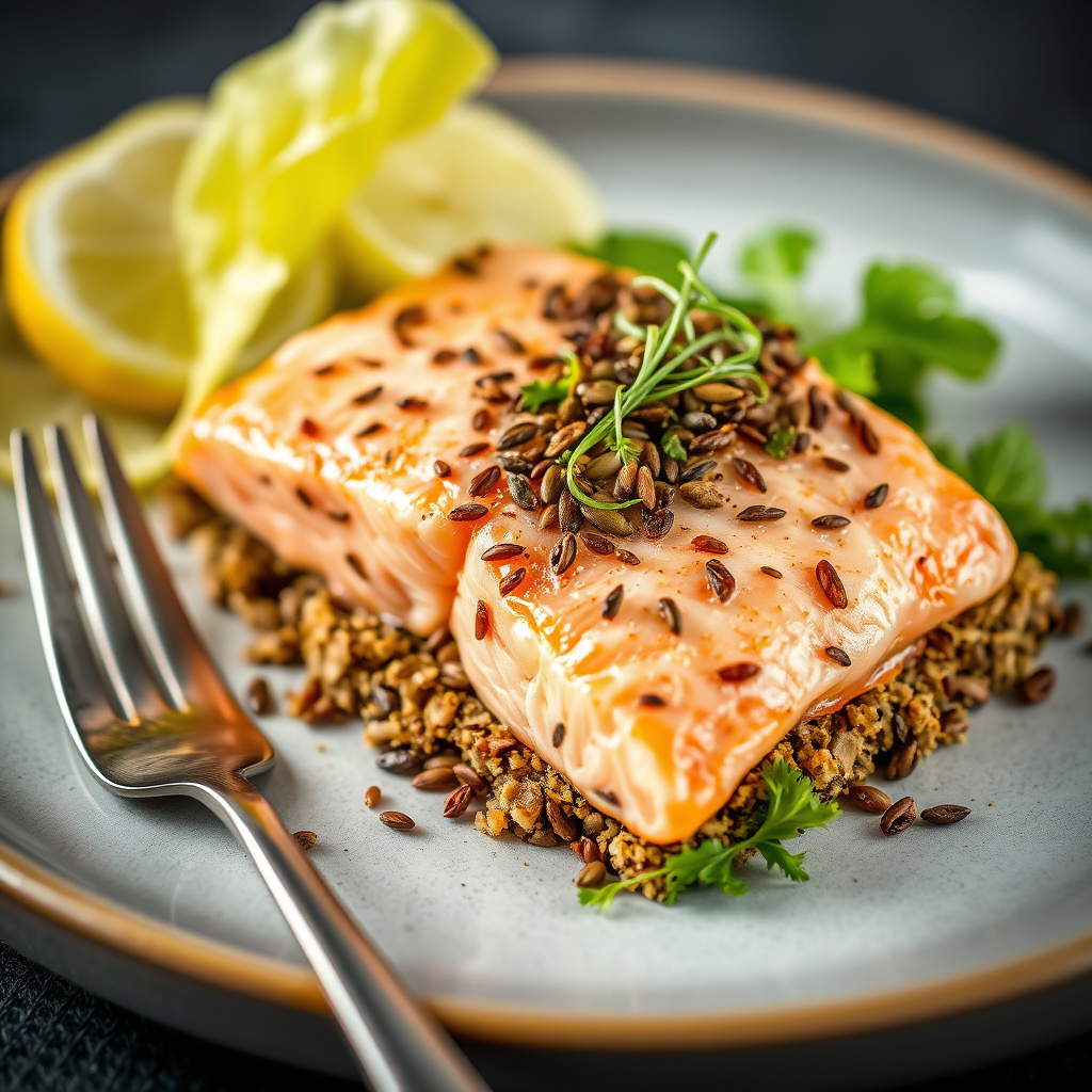 Laksefilet med en skorpe av porcini-sopp og gresskarfrø