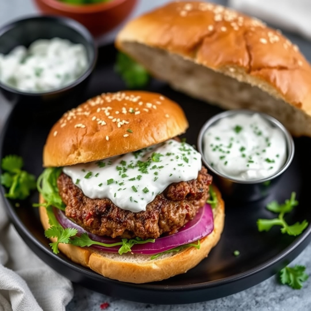 Lambburgere med feta-tzatziki-spread