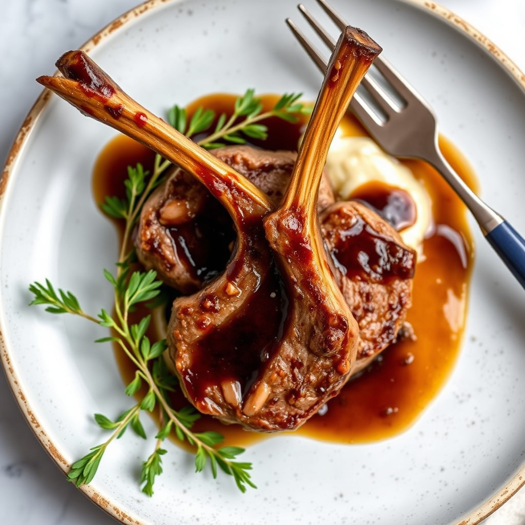 Lammekoteletter med pocherte kvitøy og balsamico-pansaus